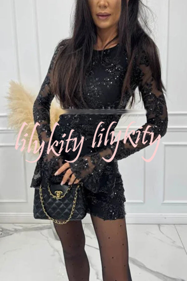 Deep and Dazzling Floral Texture Sequin Long Bell Sleeve Open Back Mini Dress