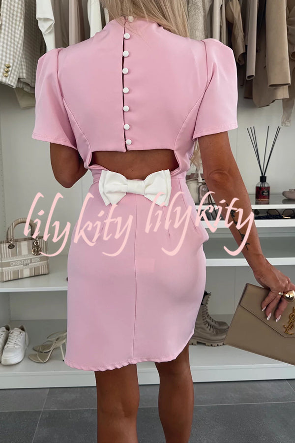 Unique and Romantic Slit Short Sleeve Backless Removable Satin Bow Mini Dress