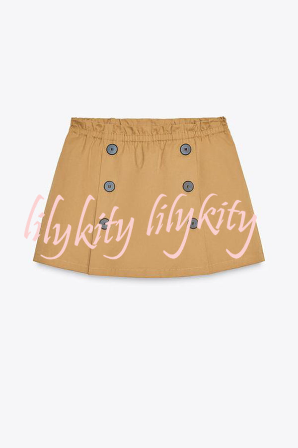 Chic Comfort Mid Rise Elastic Waist Contrast Buttons Pocket Mini Skort