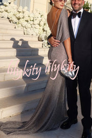 Fit and Elegance Fine Shimmering Fabric Open Cowl Back Draped Neckline Maxi Dress
