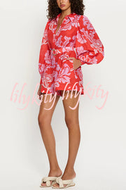 Linen Blend Botanical Print Lapel Puff Sleeve Loose Tie Casual Rompers