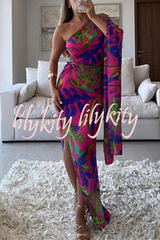 Colorful Printed One-sleeve Slim-fitting Slit Maxi Dress