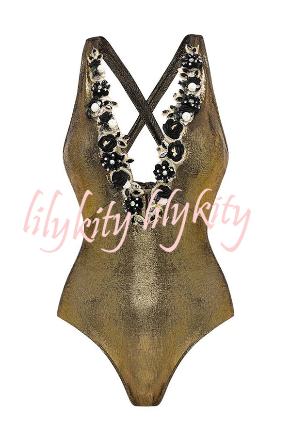 Solid Color Shiny Fabric Deep V Metal Embellished Stretch One-piece Swimsuit