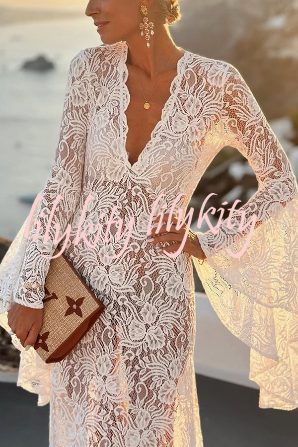 Dream Love Floral Lace Bell Sleeve V-neck Slit Maxi Dress