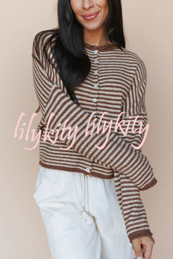 Fashionable Contrast Striped Casual Long-sleeved Knitted Cardigan