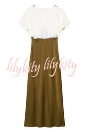 Fashionable Contrast Color V-neck Lace Stitching Maxi Dress