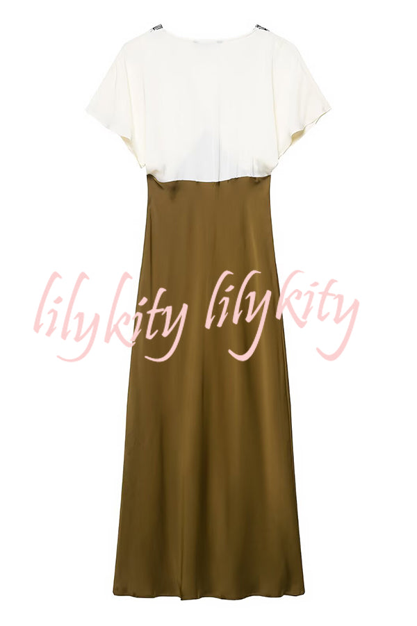 Fashionable Contrast Color V-neck Lace Stitching Maxi Dress