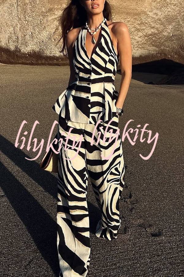 Zebra Print Halter Neck Backless Button-Down Top