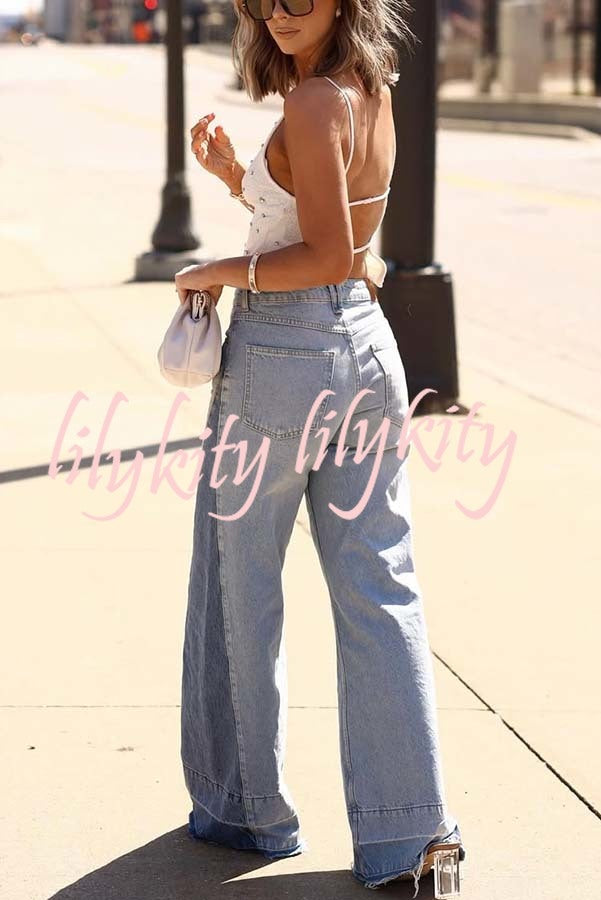 Ellison Denim Side Colorblock High Rise Pocket Wide Leg Jeans