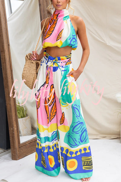 Maison Linen Blend Unique Print High Neck Top and Elastic Tie-up Waist Pocket Wide Leg Pants Set