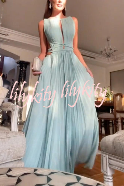 Sexy Sleeveless Open Back Cord Pleated Maxi Dress