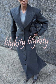 Elegant Lapel Long Sleeve Button High Waist Long Coat