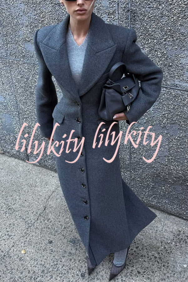 Elegant Lapel Long Sleeve Button High Waist Long Coat