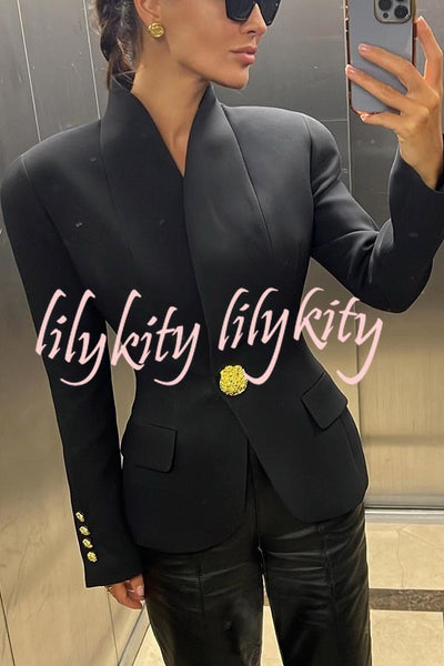 Classic Luxury Unique Metal Button Stand Collar Long Sleeve Blazer