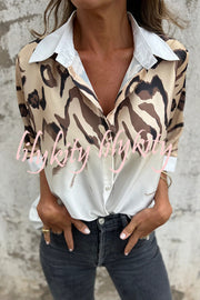 Classic Wild Satin Gradient Leopard Print Loose Short-sleeved Blouse