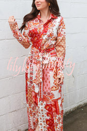 Bohemian Style Unique Printed Shirt Waist Tie Maxi Dress