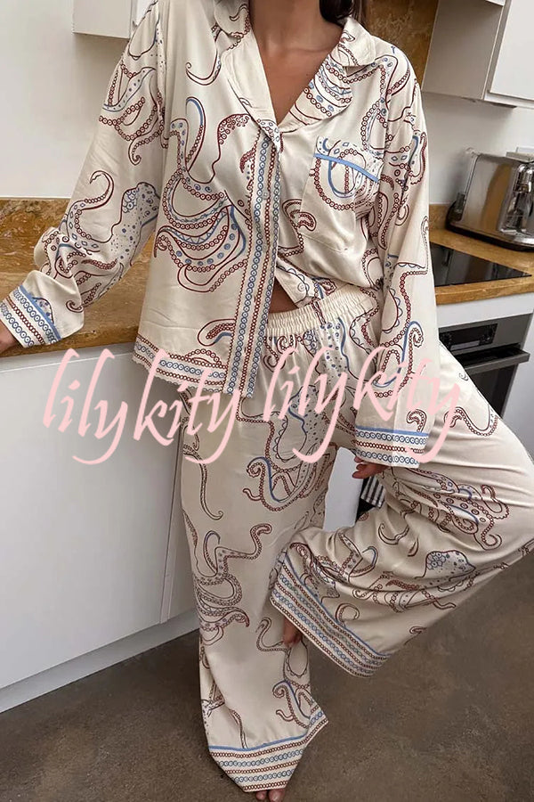 Calm Seas Line Octopus Unique Print Loose Shirt and Elastic Waist Pocketed Pajama Set