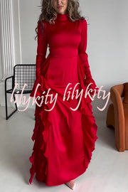 Cline Solid Color High Neck Long Sleeve Elegant Ruffles Maxi Dress