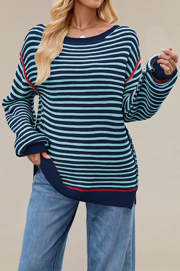 Striped Knit Loose-fitting Crew Neck Long-sleeved Casual Sweater