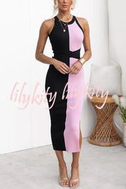 Serene Ribbed Knit Colorblock Back Tie-up Slit Stretch Midi Dress