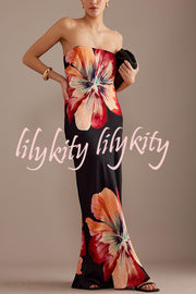 Charming Lady Satin Floral Print Bandeau Loose Maxi Dress