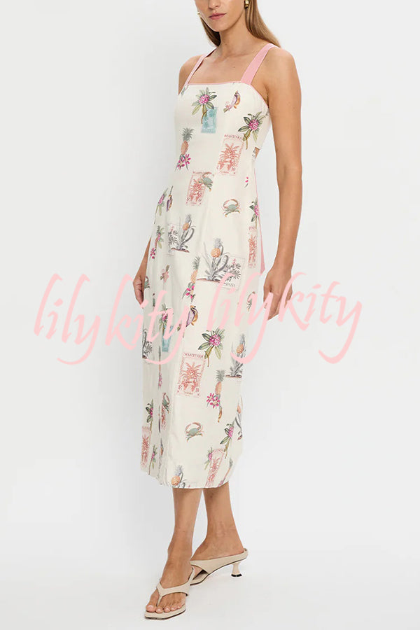 Plant Print Sleeveless Square Neck Open Back Tie Casual Midi Dress