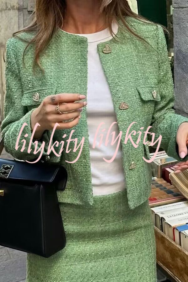 Stylish Tweed Love Button Long Sleeve Casual Pocket Jacket