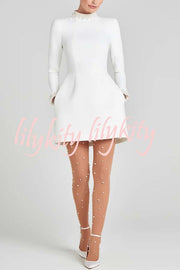 Lovers Kiss Pearl Trim High Neck Long Sleeve Pocketed Tulip Mini Dress