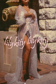 Fashionable Sequined Feather Long-sleeved Vacation Loose Extra-long Sun Protection Cover-up