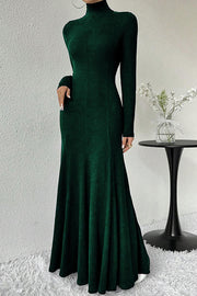 Solid Color High-neck Long-sleeved Slim-fit Fishtail Elegant Maxi Dress