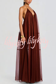 Flowing Lightweight Chiffon Chain Halter Neck Detail Backless A-line Maxi Dress
