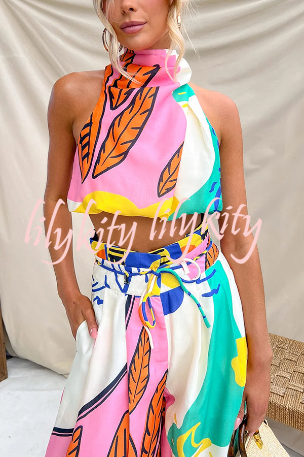 Maison Linen Blend Unique Print High Neck Top and Elastic Tie-up Waist Pocket Wide Leg Pants Set