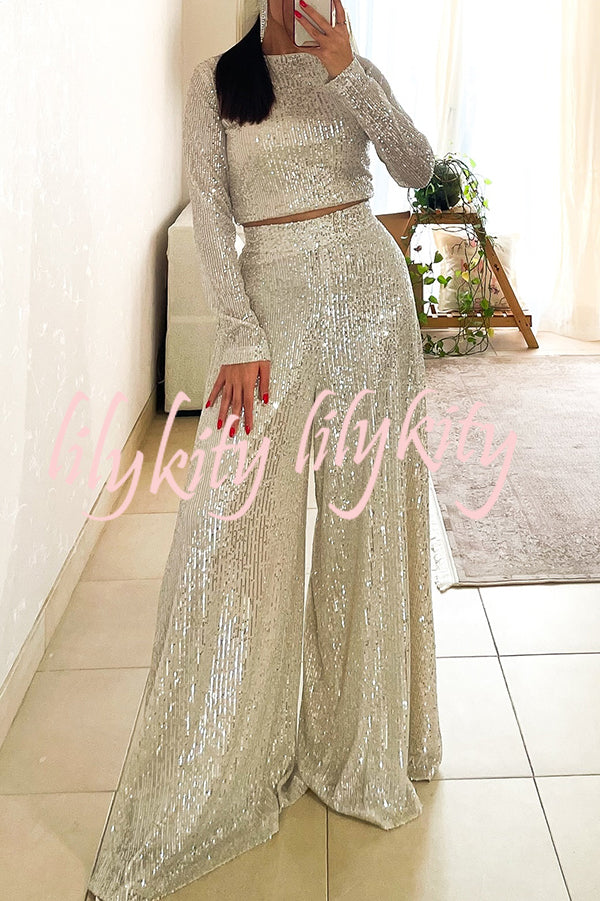 Fashionable Shiny Sequined Long-Sleeved Cropped Top and Casual Wide-Leg Pants Set
