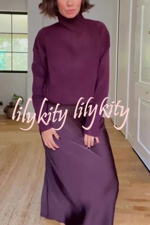 Jaelyn Solid Color Turtleneck Long Sleeve Sweater and Satin Elastic Waist Maxi Skirt Set