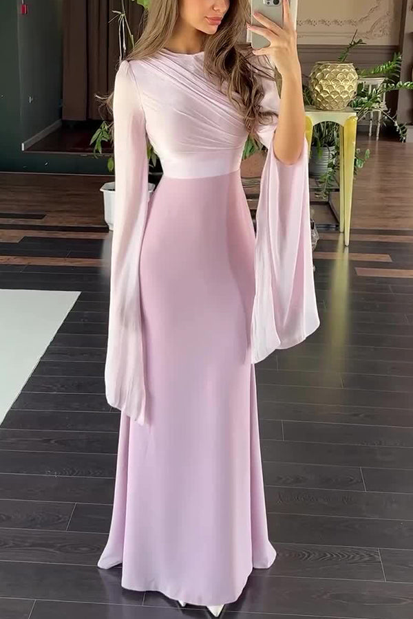 Fashionable Slit Long-sleeved Patchwork Slim-fit Maxi Dress