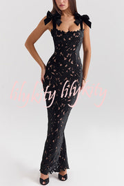 Holiday Intimacy Embroidered Floral Lace Bow Shoulder Straps Slit Maxi Dress