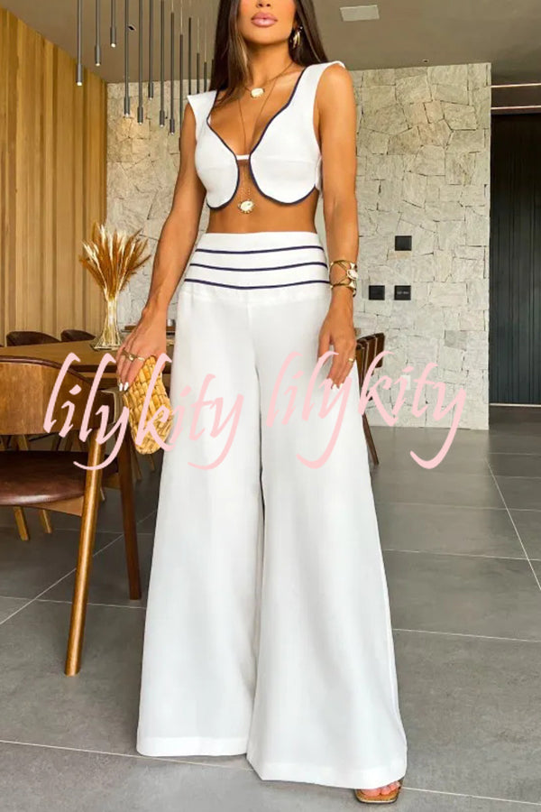 Solid Color Sexy V-neck Sleeveless Top and High-waisted Loose Pants Set