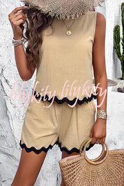 Casual Wavy Edge Buttoned Elastic Waist Shorts Set