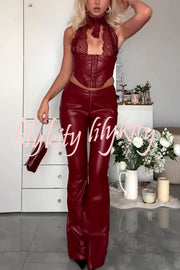 Style Challenge Stretch Faux Leather Lace Halter Tank and Zipper Waist Flare Pants Set