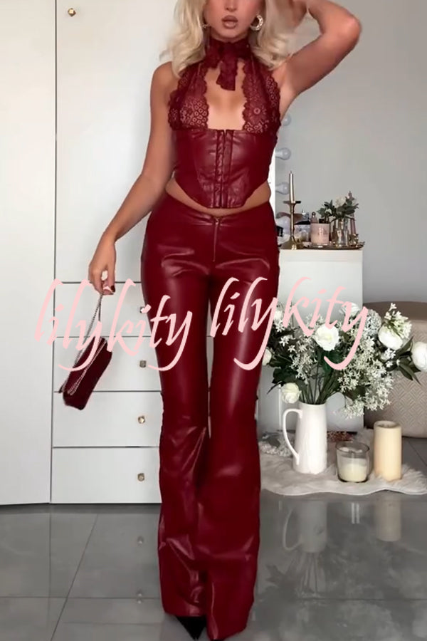 Style Challenge Stretch Faux Leather Lace Halter Tank and Zipper Waist Flare Pants Set