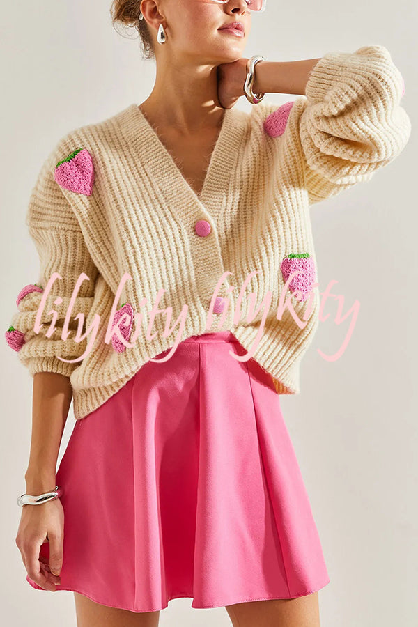 Stylish and Sweet V-neck Strawberry Embellished Knitted Cardigan