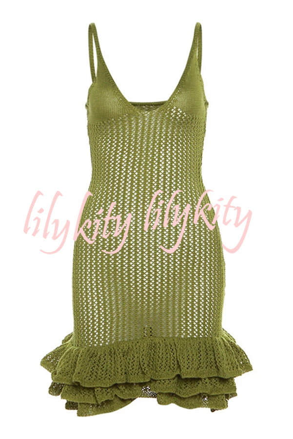 Bali Cutie Knit Layered Ruffle Pleats Hem Tank Stretch Mini Dress