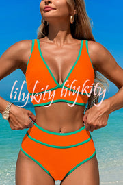 Solid Color Contrast High Waist Stretch Bikini Swimsuit