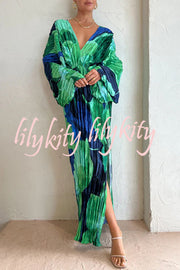 Tropical Oasis Capri Print Kimono Sleeve Pleated Cocoon Maxi Dress