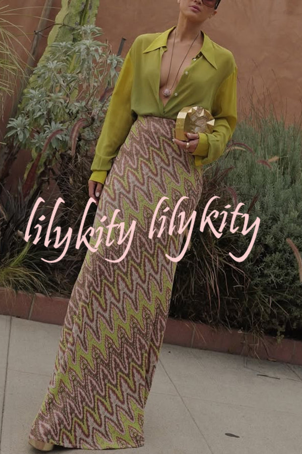 Moonlit Waltz Knit Jacquard Zigzag Print High Rise Stretch Flare Maxi Skirt