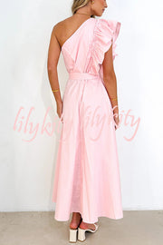 Solid One Shoulder Ruffled Sleeves Tie Waist Maxi Dress