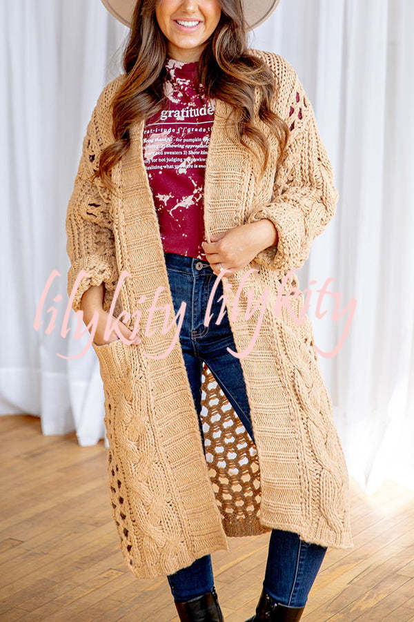 Jamila Knit Cable Cotout Long Sleeve Pocket Oversized Midi Cardigan