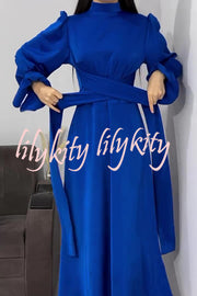 Solid Color Ruffled Sleeves Waisted Tie Slim Fit Maxi Dress