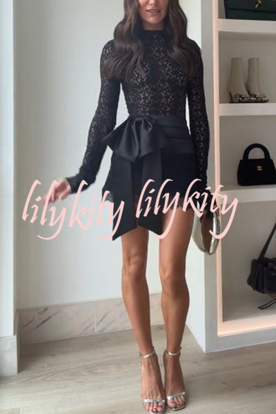 Anna Satin Bow Appliqué Mid Rise Lace Hem Mini Skirt