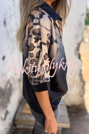 Classic Wild Satin Gradient Leopard Print Loose Short-sleeved Blouse